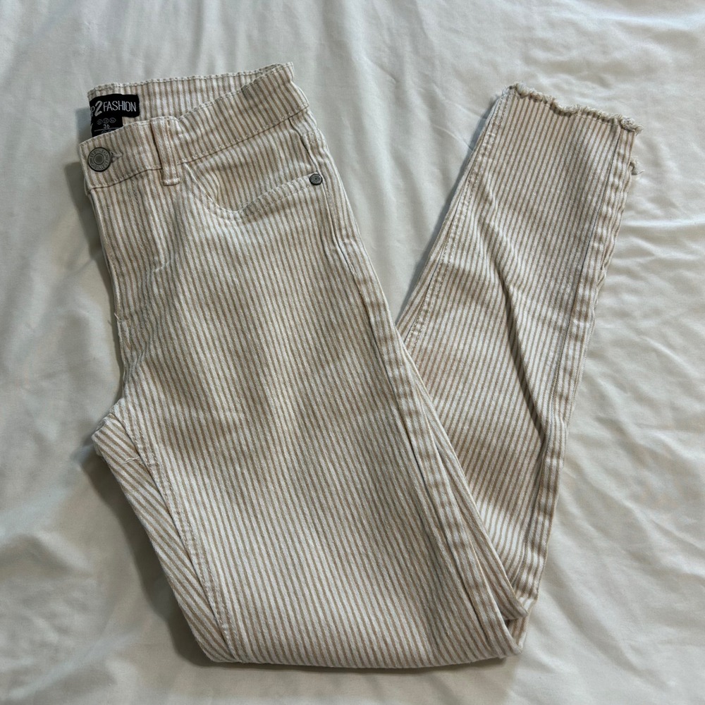 Up2Fashion Tan White Striped Skinny Jeans Raw Hem Size 36/38 Stretch Denim